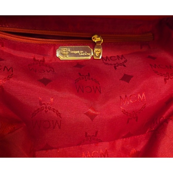 MCM‎ Vtg Red Leather Tote Bag Gold MCM Logo Studs Top Handles Small Statement - Picture 10 of 10